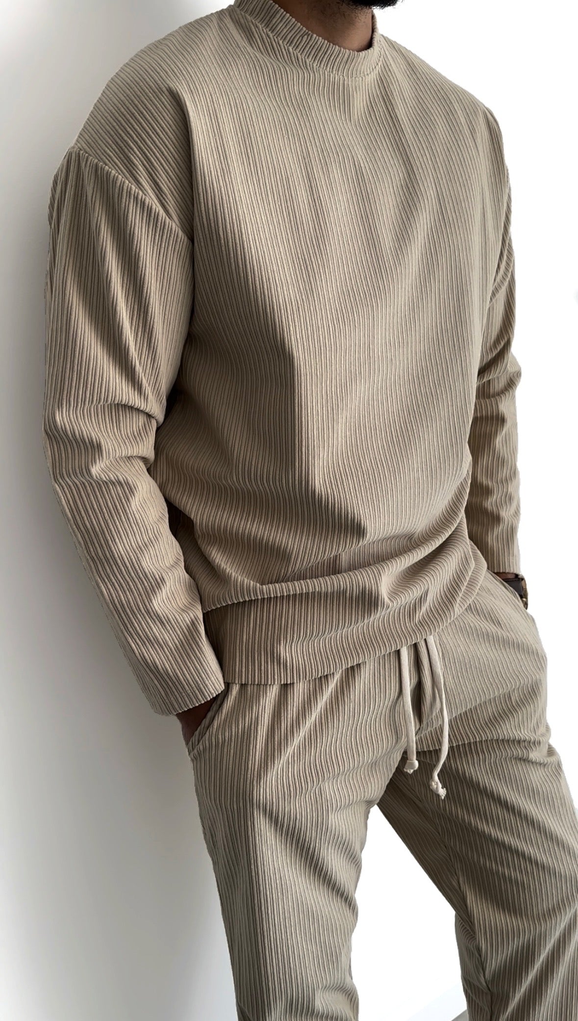 Ensemble cotelé aspect velours beige