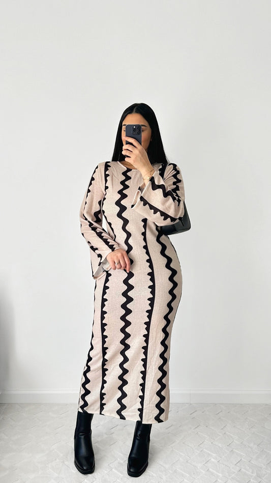 Beige Patterned Sweater Dress